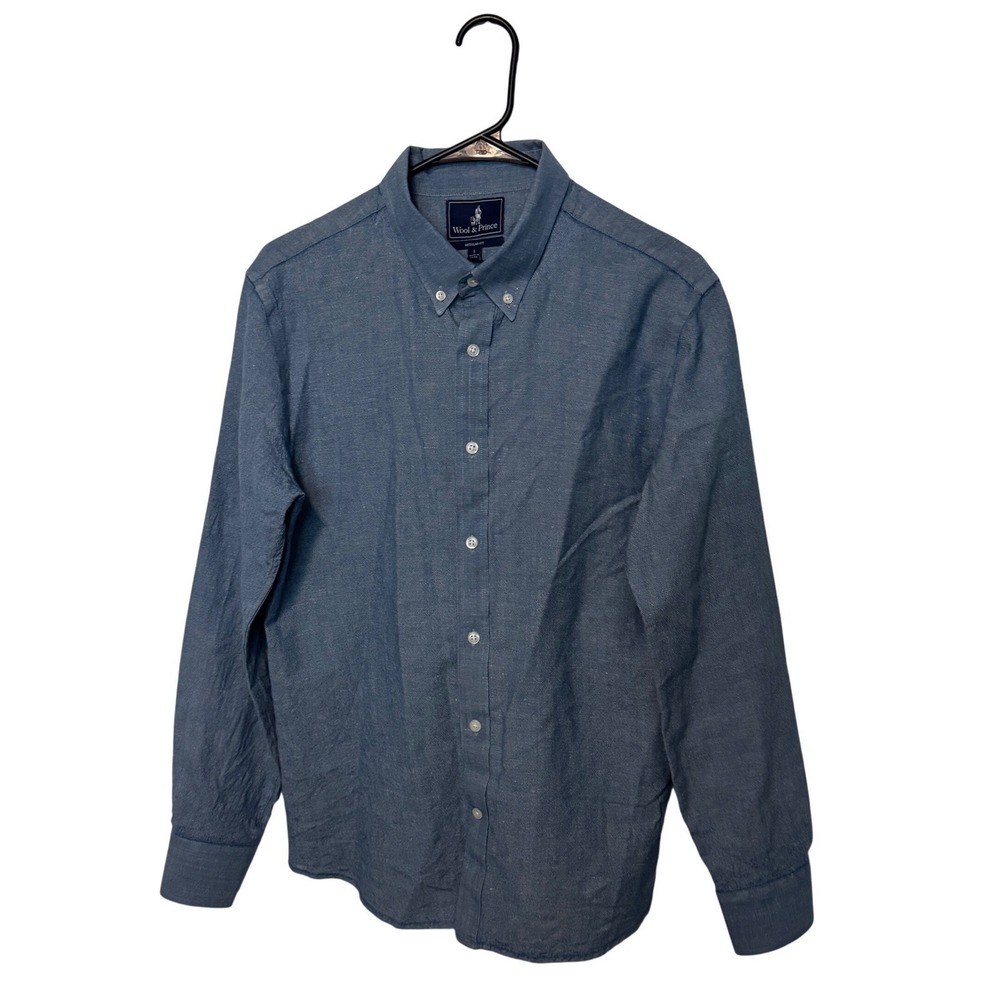 Wool & Prince Shirt Mens Size Large Blue Wool Linen Long Sleeve Button Down Slim